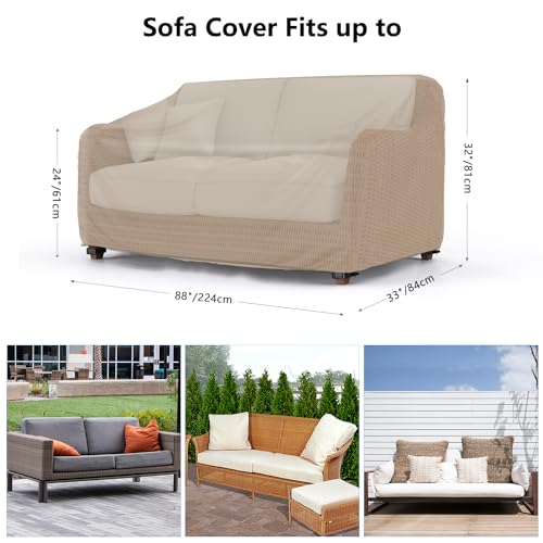 Heavy Duty Patio Sofa Cover, Mrrihand 3-Seater Outdoor Sofa Loveseat Cover, Outdoor Patio Furniture Cover with Air Vent and Handles, 87" W×37" D×35" H, Brown