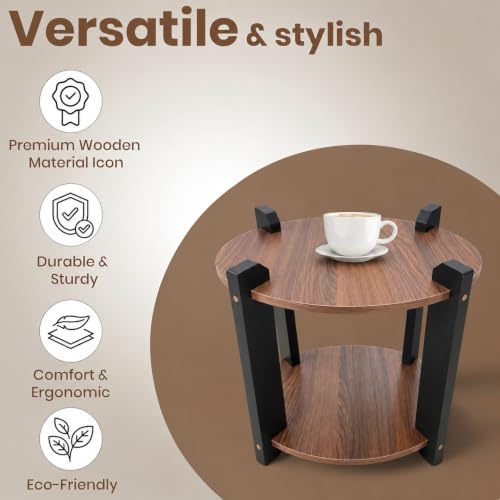 Image of Modern Round Side Table, Home Decor for Living Room, Bed Side Tables for Bed Room, stools for Home, Furniture for Home, 2-Tier White Shelves, 30 x 30 x 40 cm (Oval Brown Top)