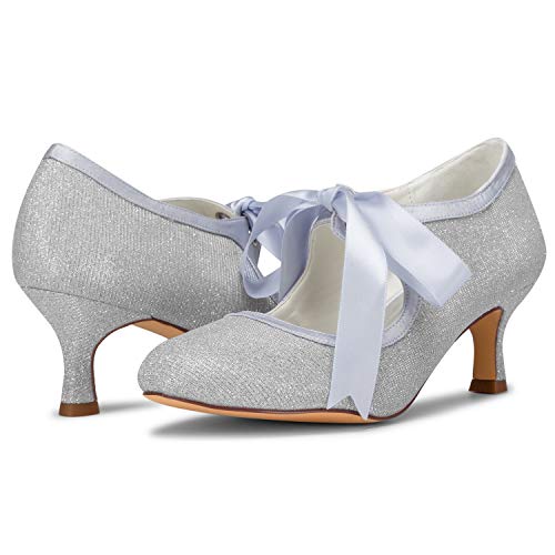 JIAJIA 140311 Women's Bridal Shoes Closed Toe Stiletto Heel Lace Satin Pumps Ribbon Tie Wedding Shoes - Image 4
