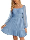 Wenrine Women's Mesh Long Sleeve Square Neck Dress High Waist A Line Ruffle Hem Flowy Casual Party Mini Dress Light Blue