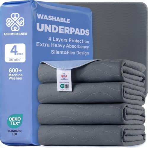 Image of Accompagner Incontinence Bed Pads Washable Waterproof, Ultra-Absorbent Reusable Underpads for Diaper Changing, Nursing, Bedridden, Adults, Seniors, Kids and Dogs (Dark Gray, 36 inchx54 inch(Pack of 4))
