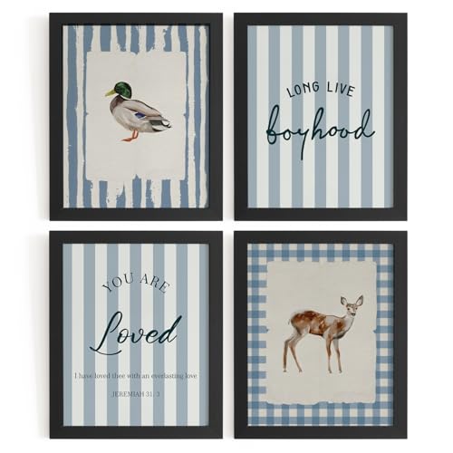WXHUM Vintage Mallard Duck Deer Nursery Boys Room Decor Wall Art Prints Set of 4, Long Live Boyhood Retro Blue Woodland Animal Posters for Nursery Toddler Boy Kids Room Playroom, 8x10 inch Unframed