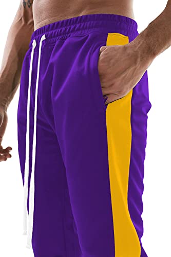 Bleecker And Mercer Mens Slim Fit Track Pants W/Side Stripes Zippered Joggers (P805- Purple/Yellow Side, L) #TOP5