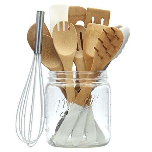 MASON CRAFT & MORE Kitchen Utensil and Crock Collection- Glass Crock Wooden Spoons