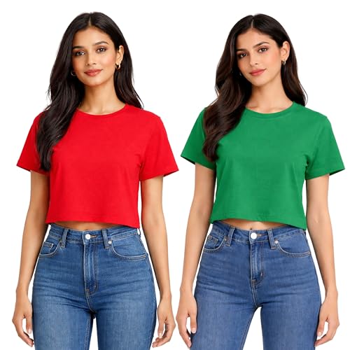 Image of Hangout Hub Women Crop Top T-Shirts | Round Neck Plain Solid Tshirts | Double Weaved | Shrink Free Tees | Casual T-Shirt for Woman Ladies Girls(Cotton|Pack of 3)