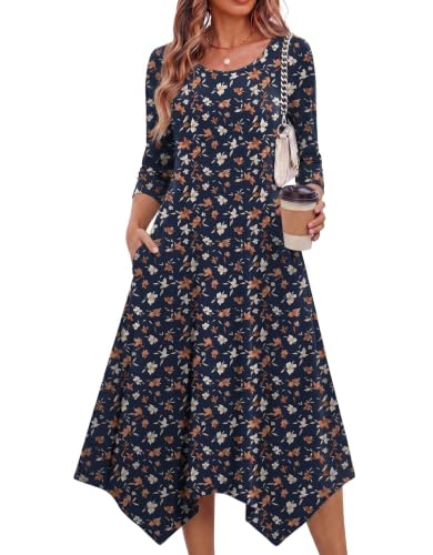Image of Zeagoo Midi Dresses Women 2026 Dress 3 /4 Sleeve Casual Dresses with Pockets A Line Summer Beach Sundress