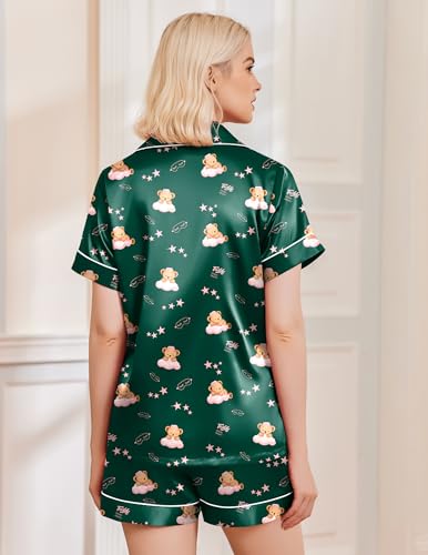 Image of Ekouaer Silk Pajamas for Women Funny Teddy Sleepwear Comfy Short Sleeve Button Down Loungewear Satin Pjs Shorts Set,Dark Green,M