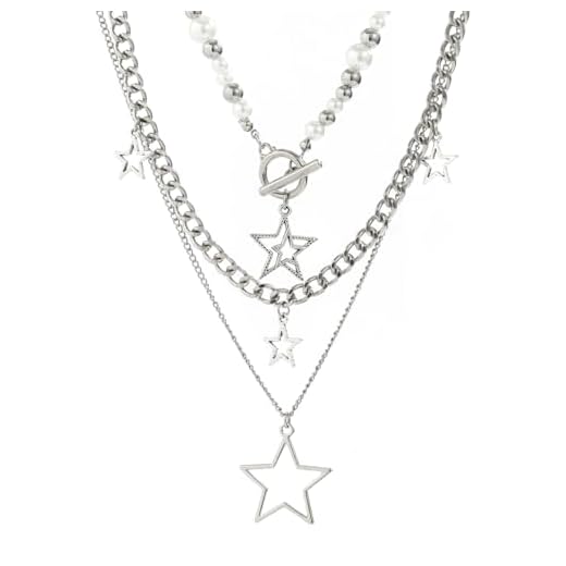 Inactwin Star Y2k Silver Necklace Grunge Layered Necklace Cute Aesthetic Stack Toggle Chain Necklaces Gothic Vintage Emo Jewelry Set for Women (3pc Silver -2)