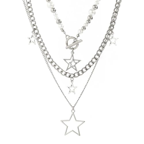 Inactwin Star Y2k Silver Necklace Grunge Layered Necklace Cute Aesthetic Stack Toggle Chain Necklaces Gothic Vintage Emo Jewelry Set for Women (3pc Silver -2)