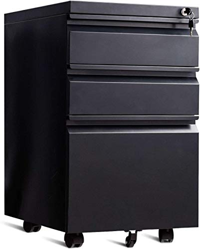 COSTWAY Mueble Archivador para Oficina de Metálico con Cerradura Cajonera con 3 Cajones y Rueda Armario Móvil (Negro)