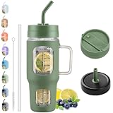 NOLOGLAZIC Tumbler With Straw, 2 Lids, Handle - 32oz Glass Cup With Silicone Sleeve, Time Marker - Iced Coffee, Water Bottle - Fits Car Cup Holder for Travel, Olive
