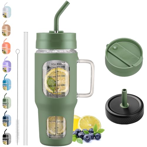 NOLOGLAZIC Tumbler With Straw, 2 Lids, Handle - 32oz Glass Cup With Silicone Sleeve, Time Marker - Iced Coffee, Water Bottle - Fits Car Cup Holder for Travel, Olive