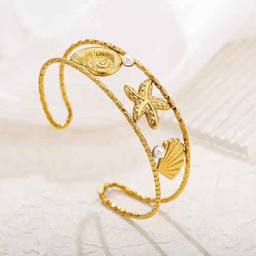 Gold Starfish Seashell Coach Cuff Bangle for Women Ocean Theme Bracelet Summer Jewelry2