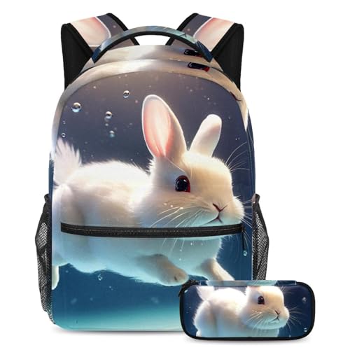 Ensemble de 2 sacs d'école pour enfants grand sac à dos ado motif lapin mignon turquoise