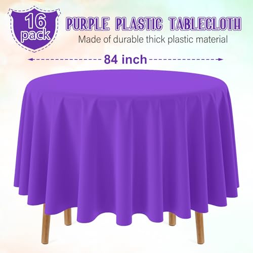 Image of Ragnhild 16 Pack Purple Plastic Tablecloth for Round Tables, Premium Decorative Purple Disposable Table Cloths for Parties, Bulk Round Party Table Cover for Birthday Anniversary Graduation, 84 Inch