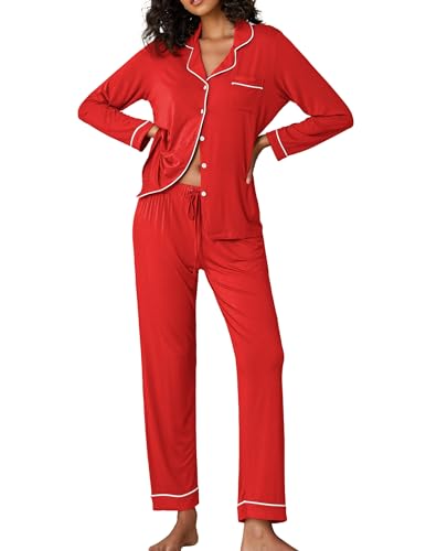 Image of Ekouaer Pajamas Women's Long Sleeve Sleepwear Soft Button Down Loungewear Pjs Lounge Set Nightwear XS-XXL