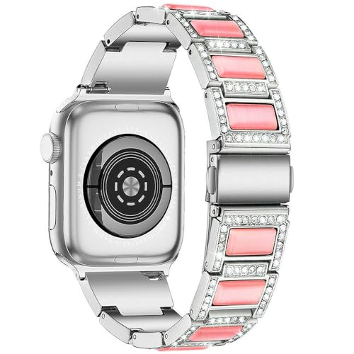 Étui en métal pailleté rose et bracelet argenté pour iWatch 42 à 49 mm