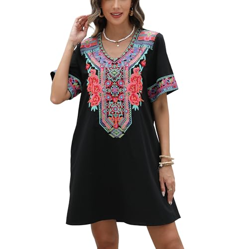 Image of Grosy Fiesta Embroidered Mexican Dress for Women Beach Vacation Plus Size Short Sleeve Summer Boho Dresses with Pocket