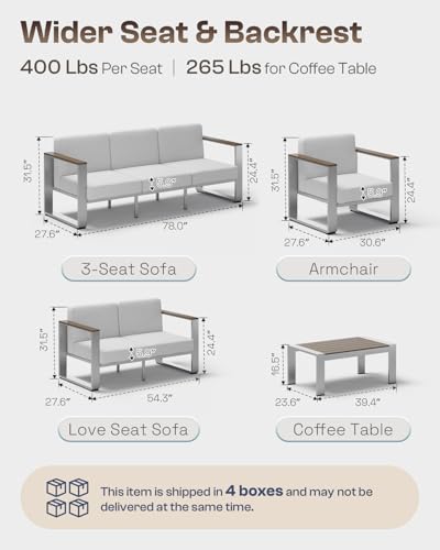 Image of Aluminum Outdoor Patio Furniture Set, 7 Seats Outdoor Patio Conversation Sets with Ergonomic Seat and Wide Washable Thick Cushions, Modern Patio Sectional Furniture for Balcony, Porch (Gray)