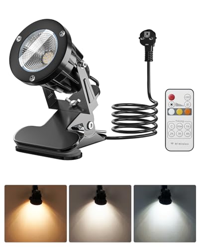 TobeBright 3CCT LED Foco de Pinza con Mando a Distancia, IP65 Resistente al Agua para Uso en Interiores y Exteriores, 3000K-4500K-6000K & 10 Brillo Ajustables, 7W, Cable 1,76m con Enchufe