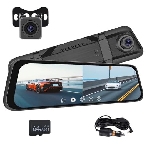 Espejo Retrovisor Coche Dash CAM Cámara, 9.66 Pulgadas Pantalla Táctil IPS LCD Espejo Retrovisor Dashcam HDR Vista Delantera y Trasera Cámaras 1080P, Visión Nocturna, Aparcamiento, Grabación en Bucle