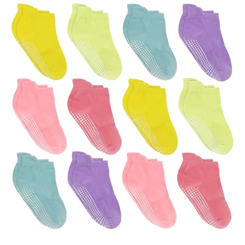 HYCLES Non Slip Grip Ankle Socks,Non Skid Toddler Girl Socks 12 Pairs for Baby Kids with Gripper