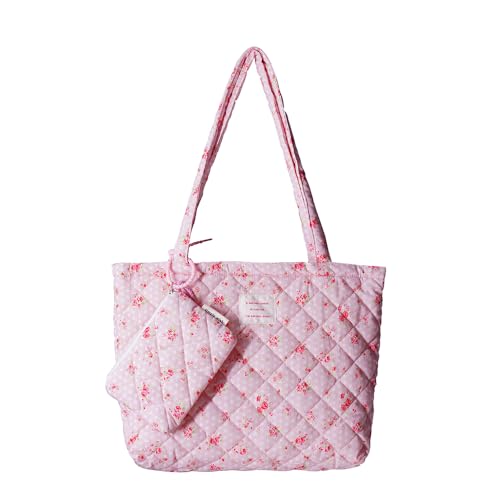 Floral Quilted Cotton Shoulder Bag Set 2-in-1 Handbag with Matching Mini Pouch Large Capacity Tote for Women A054