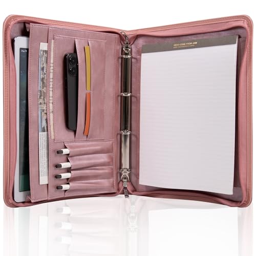 Calfinder Leichte Schreibmappe A4, PU Kunstleder mit 4-Ring Ringbuchordner, Doppeltem Reißverschluss Konferenzmappe, Klemmbrett Ringordner, Schreibmappe A4, Wasserdicht Dokumentenmappe, Roségold