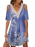  Onsoyours Robe Femmes Chic Imprime Manche Courte Dentelle Dress Sexy Épaules Dénudées Col en V Longueur Genou Taille Haute Robe De Plage A-Line Élégante Rétro Robe Été 01 Violet 3XL