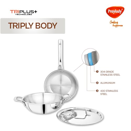 Image of Praylady TRIPLUS 3-Piece Triply Cookware Set | 24cm Kadai + 24cm Lid + 22cm Frypan | Triple-Layered Stainless Steel-Aluminum | Works on Induction, Gas & All Cooktops(3-Piece Triply Cookware Set)
