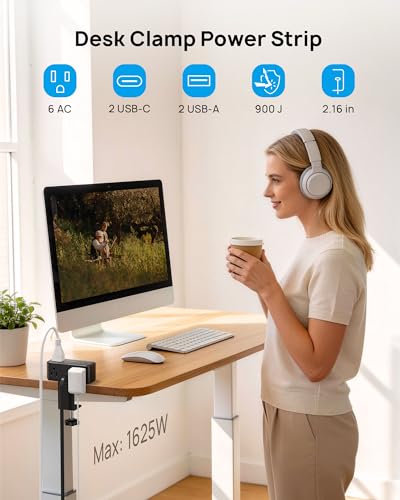 Image of TROND Small Footprint Desk Clamp Power Strip with USB C PD 20W, Flat Plug Extension Cord Surge Protector 5ft, 6 Wide Space Outlets 4 USB, Fit 2.16 inch Tabletop Edge, Home Office Desk Accessories, Black