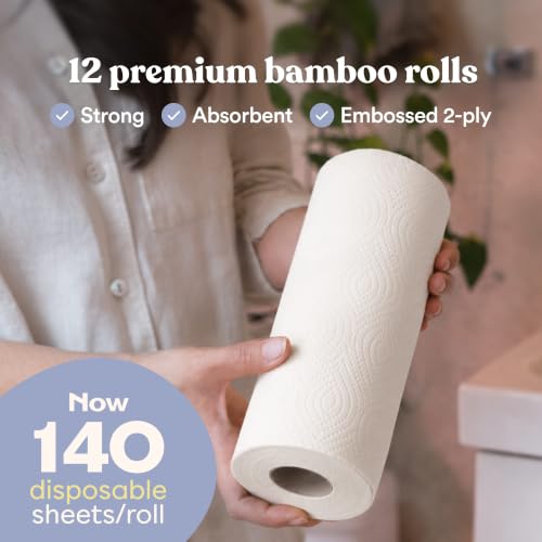 Image of Betterway Bamboo Paper Towels 12 Pack - Non Toxic, Eco Friendly, PFAS Free - 140 Sheets /Roll, 2-Ply, No Plastic, No Dyes, Compostable, Sustainable, Strong & Absorbent, FSC Certified, Natural, White
