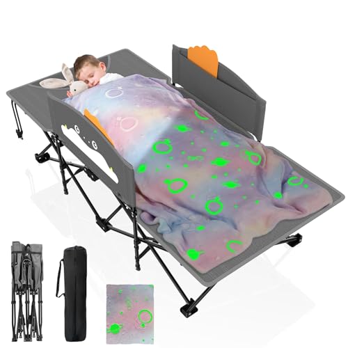 Image of Suteck Kids Camping Cot, Comfortable Toddler Cot Bed with Blanket Easy to Store and Use, Portable Sleeping Cot with Guardrail, Lightweight Bed for Outdoor Indoor Home