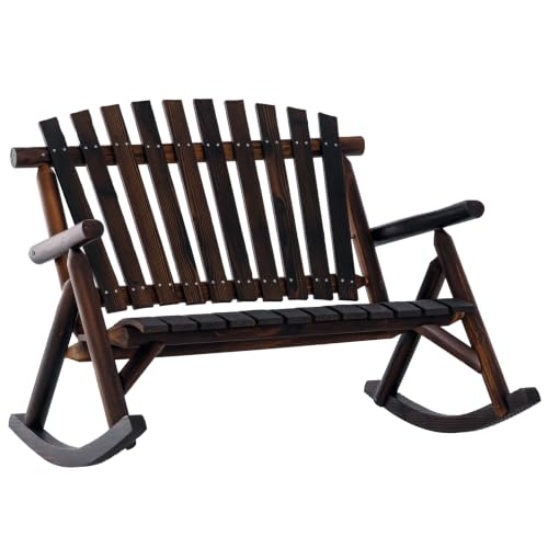 Outsunny Outdoor Wooden Rocking Chair Double-Person Slatted Seat Carbonized
