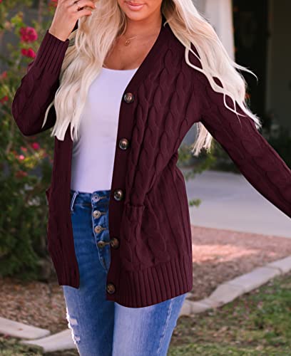 Zesica Women's 2023 Fall Casual Long Sleeve Button Down Open Front Cable Knit Cardigan Sweater Coat,Burgundy,Small #TOP7