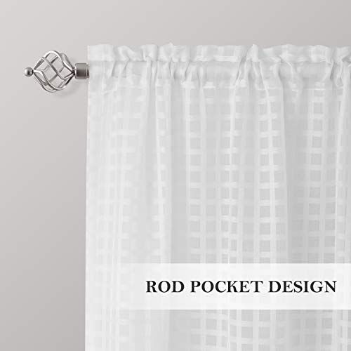 Melodieux Cotton Textured White Sheer Curtains 84 Inches Long For Living Room Buffalo Check Plaid Gingham Rod Pocket Voile Drapes, 52 By 84 Inch, 2 Panels #TOP4