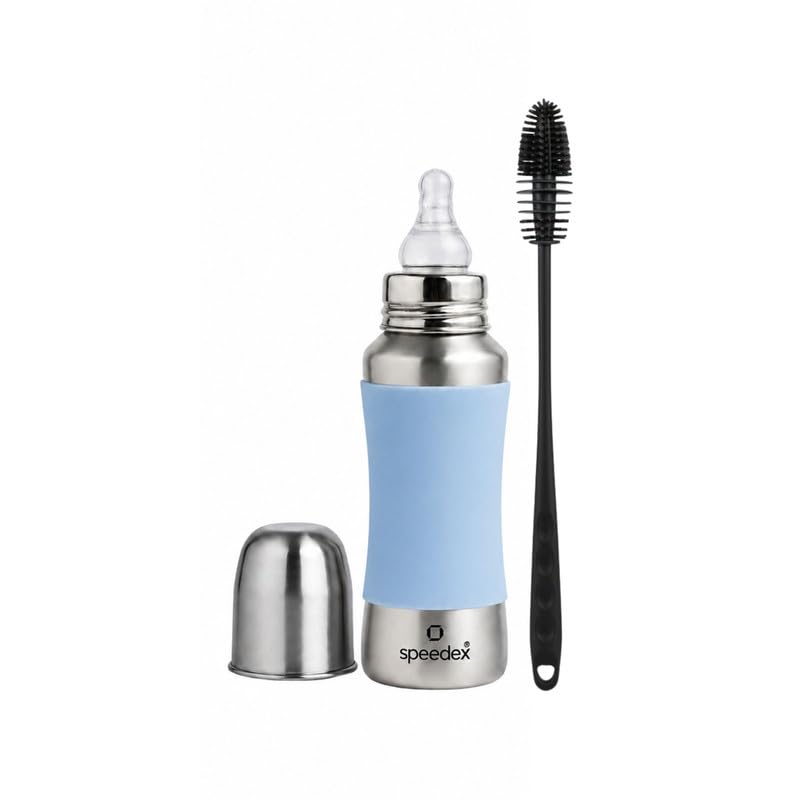 Image of SPEEDEX Stainless Steel Baby Feeding Bottle 240ml with ML Marking & Blue Silicone Grip | BPA-Free Anti-Colic Infant Milk Bottle with 1 Extra Nipple & Cleaning Brush | Leak-Resistant for Newborn Babies