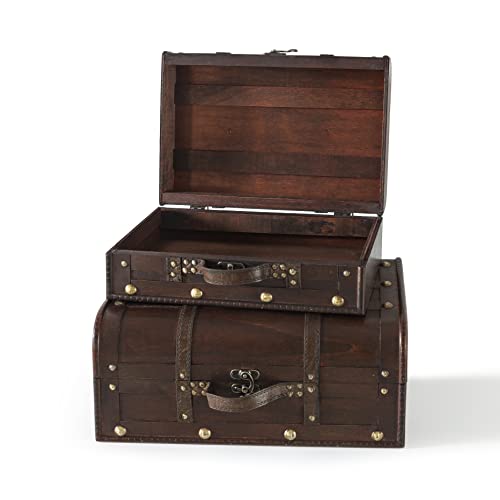 Wood And Leather Treasure Chest Boxes - Set Of 2: Wooden Boxes With Hinged Lids, Vintage Suitcase Décor, Storage Trunk For Organizing, Pirate Treasure Chests, Decorative Photo Props (Bentley) #TOP26
