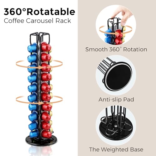 Image of Coffee Pod Holder Compatible with Nespresso Original - 40 Pod Carousel Storage Stand, 360 Rotating Coffee Capsule Organizer, Space-Saving Countertop Holder for Coffee Lovers (Black)