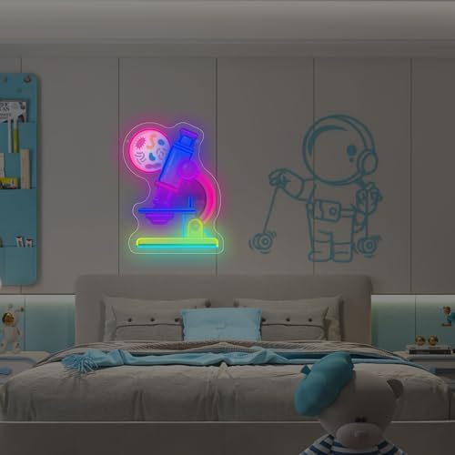 Image of Microscope Neon Sign LED Neon Light Sign for Wall Decor, Science Classroom Decor Neon Signs for Lab Biology Room Study Room Teacher Office Party Education Wall Decoration