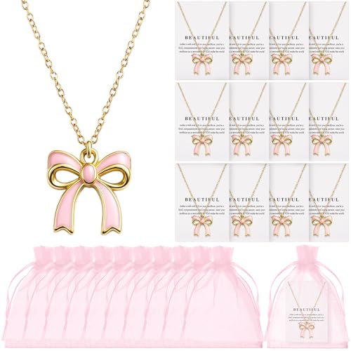 Tondiamo 12 Pcs Pink Bow Party Favors Bow Necklace Gift Bulk Women Dainty Coquette Bowknot Ribbon Jewelry Pendant with Gift Card and Storage Bag for Mother Wife Sister Friends