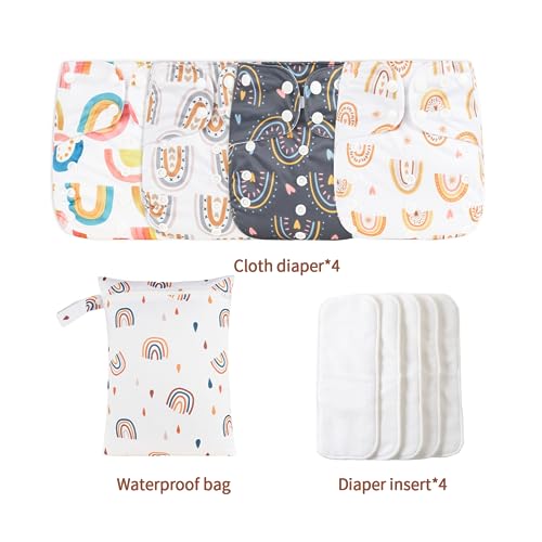 Image of HappyFlute 9 Sets Newborn Baby Cloth Pocket Diapers Adjustable Reusable for Baby Boys and Girls(6-33 pounds,0-3 Years),One Wet Bag+4Diapers and 4Inserts (AD06)