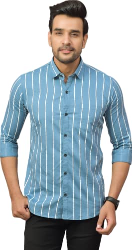 Image of Solid Regular Fit Cotton Casual Strips Shirt for Men || Spread Collar || Full Sleeves (XX-Large, Blue)