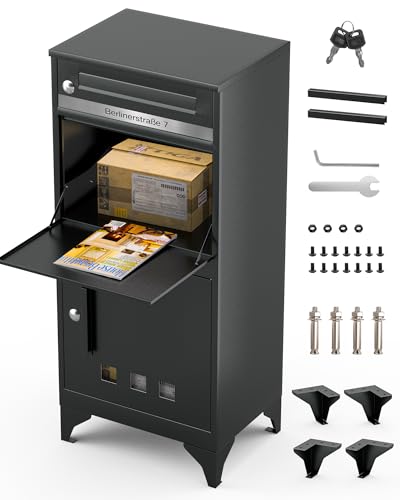 Buzón con caja para paquetes en antracita, moderna caja para paquetes al aire libre, grande, XXL, con cierre de seguridad, grabado personalizado, buzón de acero inoxidable resistente a la intemperie