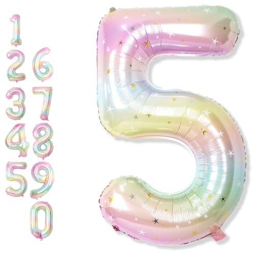 Big Number 5 Balloons, Rainbow Foil 5 Balloon Numbers 40 Inch, Giant 5th Birthday Party Decor, Mylar Helium Colorful Multicolor Stars Gradient Balloon for Kids Girls Birthday Anniversary Decorations