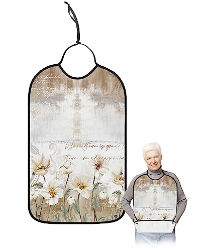 Farmhouse Floral Adult Bib for Eating with Crumb Catcher,Washable & Waterproof Terry Cloth Adjustable Elderly Women Men Adult Bibs Funny Apron Clothing Protector Vintage Elegant White Flowers Leaves