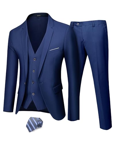 MY'S Men’s 3-Piece Slim Fit Suit Set, One Button Solid Jacket Vest Pants with Tie for Wedding Party Business Prom