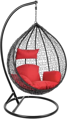 Image of Single Seater Swing Chair with Stand & Cushion Outdoor Indoor Balcony Garden Patio, Powder Coated Frame, UV-Protected Wicker, Premium Cushion, Swing Chair (Black::RED)