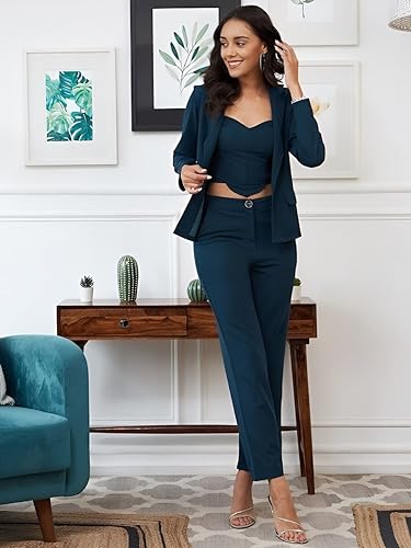 Image of Florely Women's Lycra Solid Three Piece Outfits Blazer Co-Ord Set Women Outdoor Wear Maxi Dress Crop top Party Dress Stylish Dresses