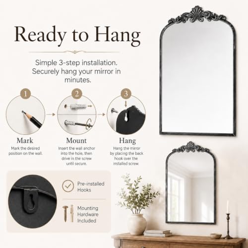 Image of Arched Wall Mirror, 21x31 inch Baroque Traditional Design, Antique Black